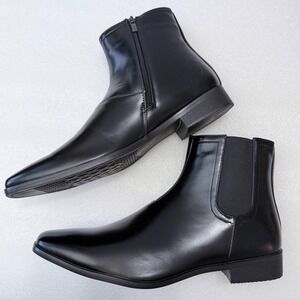 NIB Mens Black Faux Leather Dress Boots Pointed Toe Zip Up Ankle Boots Sz 10